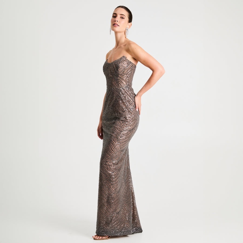 Sequin Strapless Column Evening Dress - Bronze - Picture 3 of 10